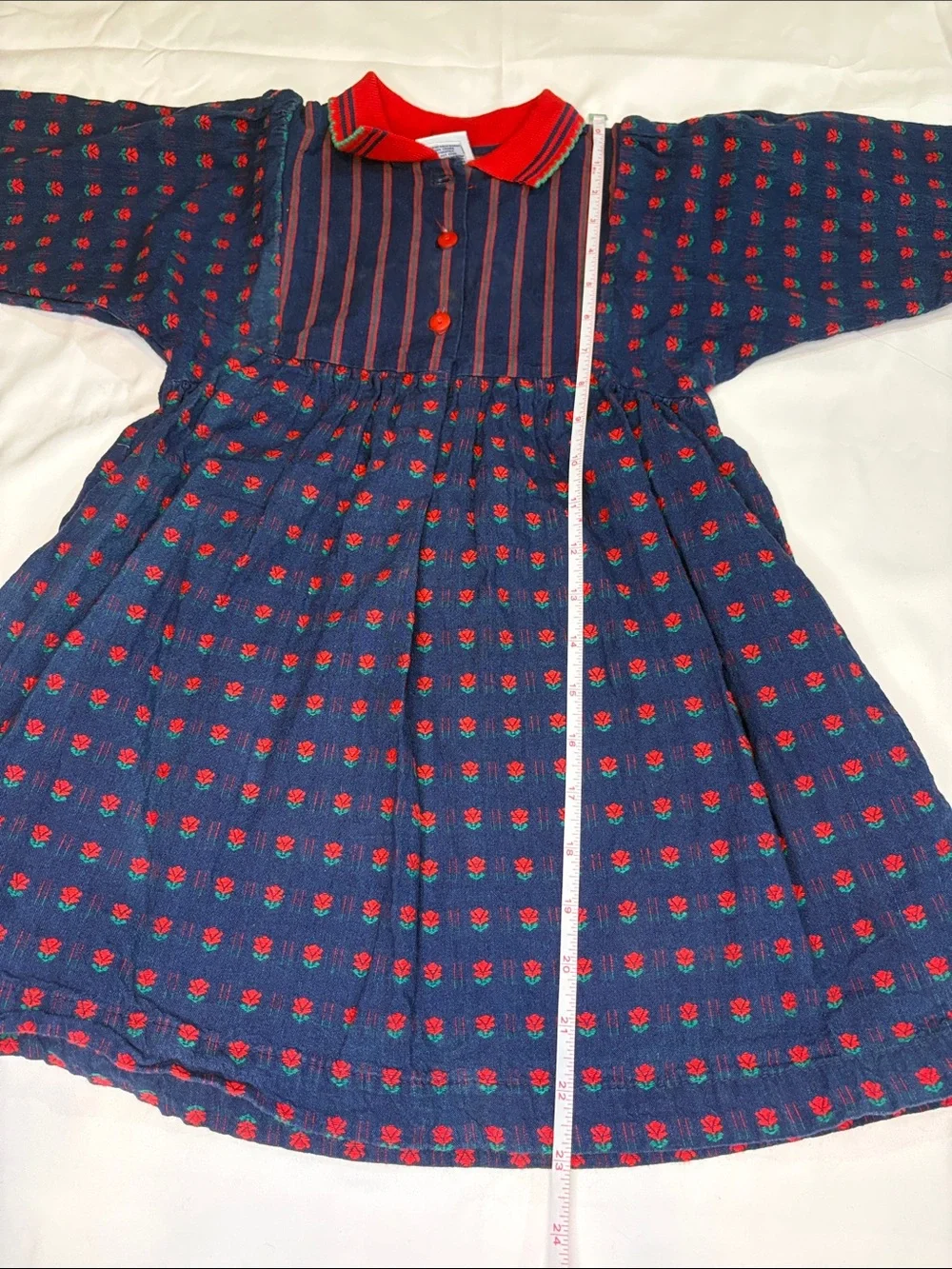 Vintage 80s/90s Denim Red Rose Floral Long Sleeve Collared Osh Kosh Girl’s Dress